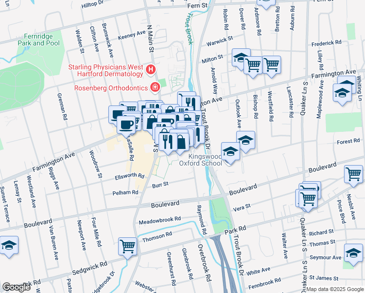 map of restaurants, bars, coffee shops, grocery stores, and more near 59 Memorial Road in West Hartford