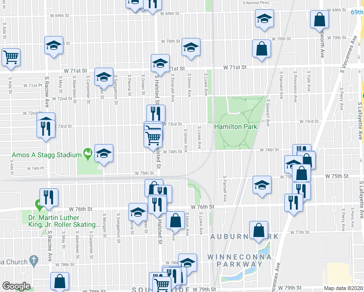 map of restaurants, bars, coffee shops, grocery stores, and more near 7350 South Union Avenue in Chicago