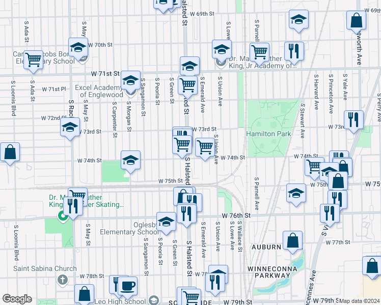 map of restaurants, bars, coffee shops, grocery stores, and more near 7349 South Halsted Street in Chicago