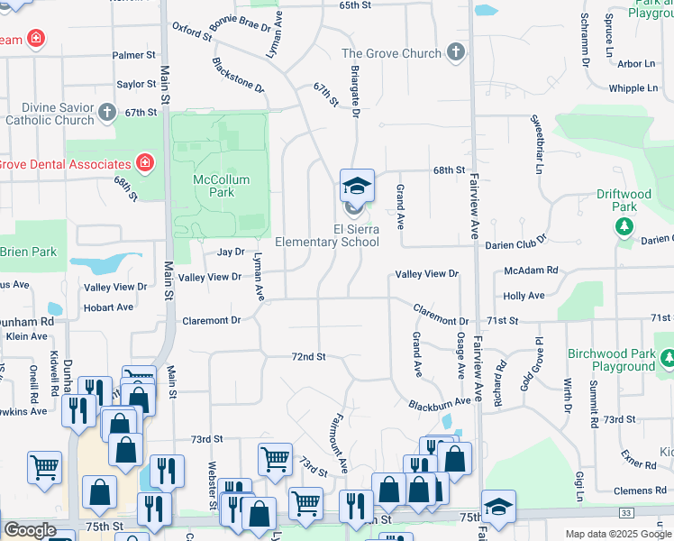 map of restaurants, bars, coffee shops, grocery stores, and more near 6931 Fairmount Avenue in Downers Grove