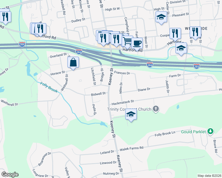 map of restaurants, bars, coffee shops, grocery stores, and more near 67 Keeney Street in Manchester