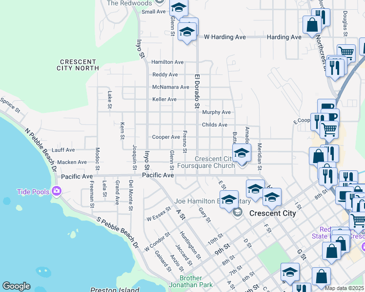 map of restaurants, bars, coffee shops, grocery stores, and more near 724 Lauff Avenue in Crescent City