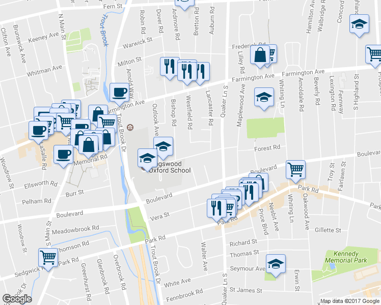 map of restaurants, bars, coffee shops, grocery stores, and more near 58 Kingswood Road in West Hartford