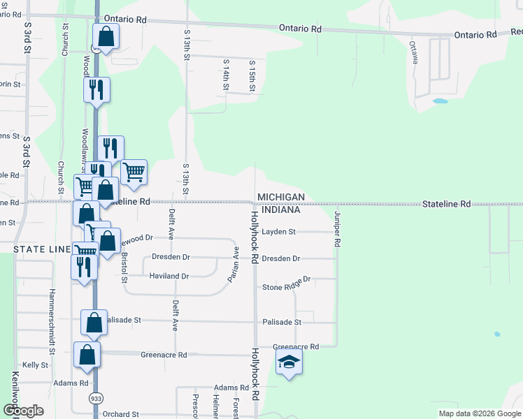 map of restaurants, bars, coffee shops, grocery stores, and more near 50534 Hollyhock Road in South Bend