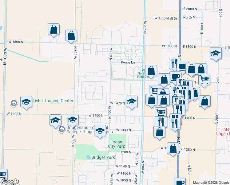 map of restaurants, bars, coffee shops, grocery stores, and more near 379 West 1530 North in Logan