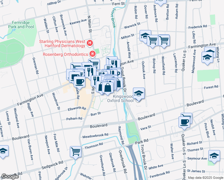 map of restaurants, bars, coffee shops, grocery stores, and more near 59 Memorial Road in West Hartford
