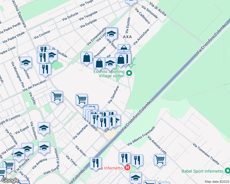 map of restaurants, bars, coffee shops, grocery stores, and more near Via Senofane in Acilia-castel Fusano-ostia Antica