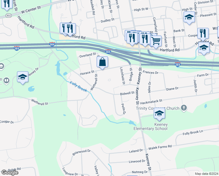 map of restaurants, bars, coffee shops, grocery stores, and more near 333 Bidwell Street in Manchester