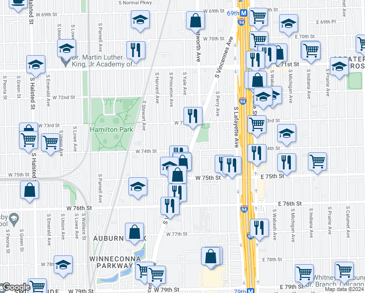map of restaurants, bars, coffee shops, grocery stores, and more near 7352 South Yale Avenue in Chicago