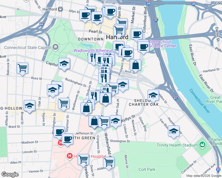 map of restaurants, bars, coffee shops, grocery stores, and more near 326 Main Street in East Hartford