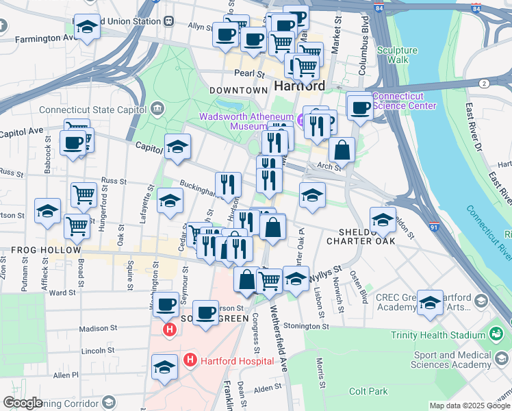map of restaurants, bars, coffee shops, grocery stores, and more near 83 Buckingham Street in Hartford