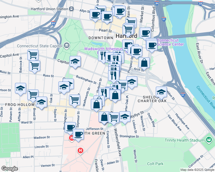 map of restaurants, bars, coffee shops, grocery stores, and more near 83 Buckingham Street in Hartford