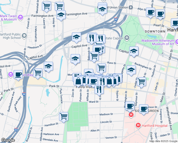 map of restaurants, bars, coffee shops, grocery stores, and more near 137 Lawrence Street in Hartford