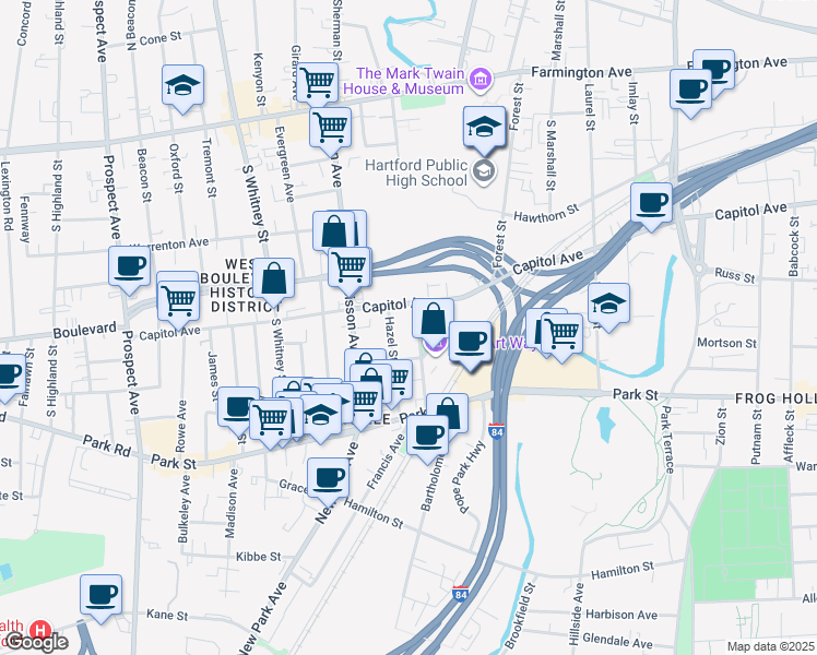 map of restaurants, bars, coffee shops, grocery stores, and more near 73 Hazel Street in Hartford