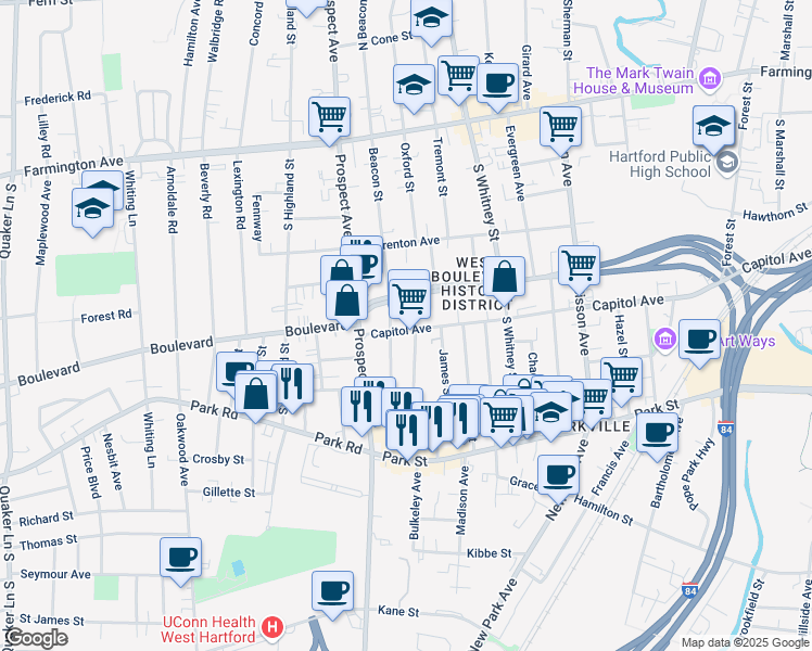 map of restaurants, bars, coffee shops, grocery stores, and more near in Hartford