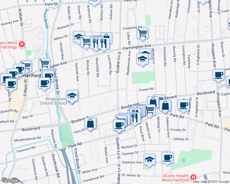 map of restaurants, bars, coffee shops, grocery stores, and more near 9 Kingswood Road in West Hartford