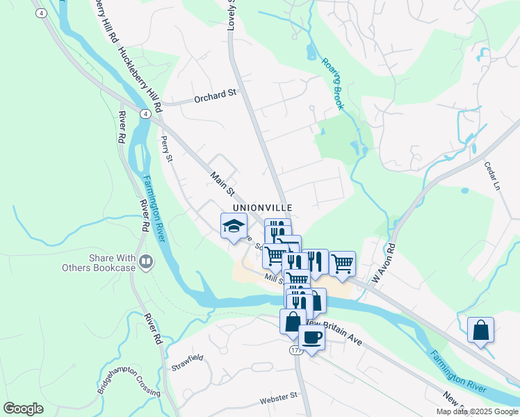 map of restaurants, bars, coffee shops, grocery stores, and more near 110 Main Street in Farmington