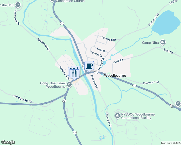 map of restaurants, bars, coffee shops, grocery stores, and more near 399 New York 52 in Woodbourne