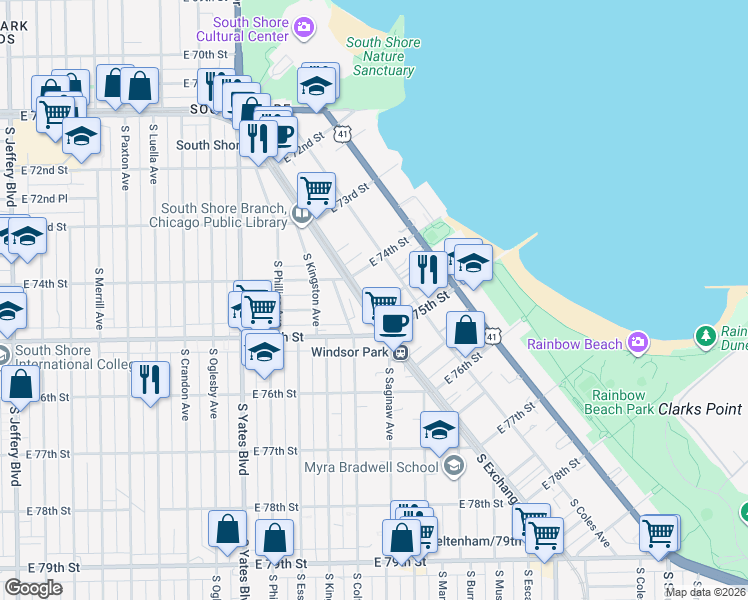 map of restaurants, bars, coffee shops, grocery stores, and more near 2600 East 74th Place in Chicago
