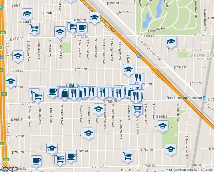 map of restaurants, bars, coffee shops, grocery stores, and more near 7406 South Saint Lawrence Avenue in Chicago