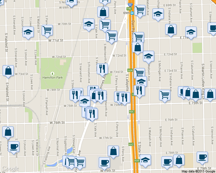 map of restaurants, bars, coffee shops, grocery stores, and more near 7400 South Wentworth Avenue in Chicago