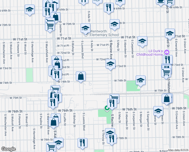 map of restaurants, bars, coffee shops, grocery stores, and more near 1280 West 74th Street in Chicago