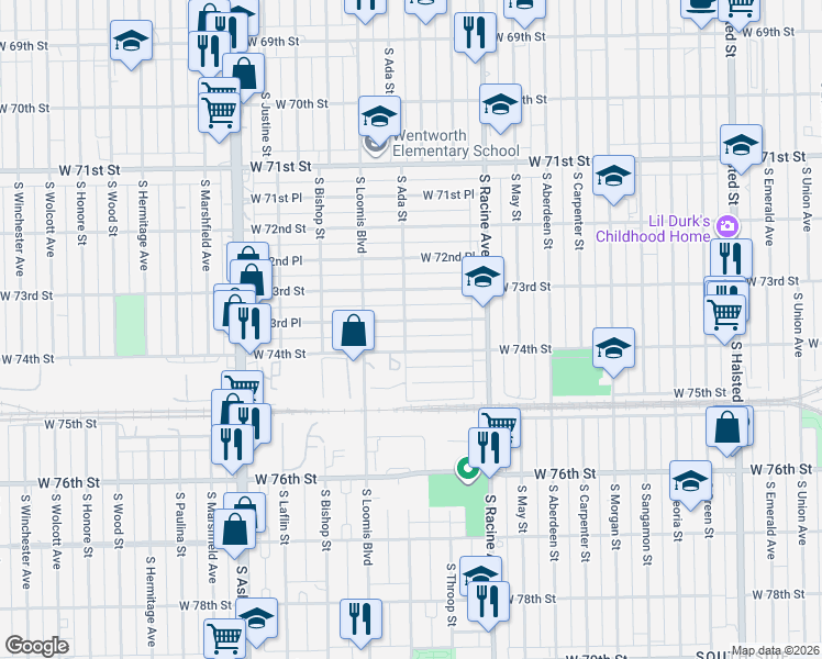 map of restaurants, bars, coffee shops, grocery stores, and more near 1280 West 74th Street in Chicago