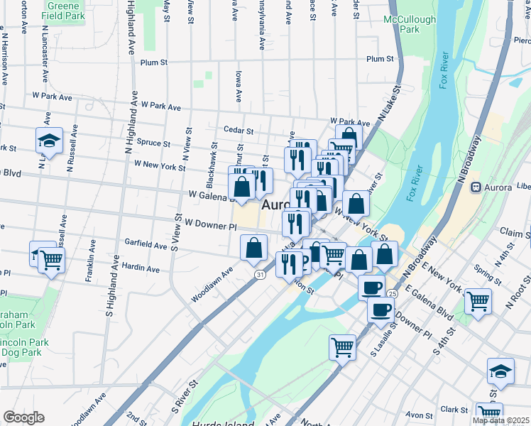 map of restaurants, bars, coffee shops, grocery stores, and more near 24 South Locust Street in Aurora
