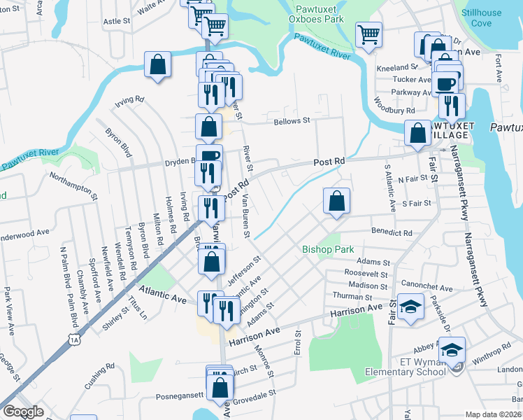 map of restaurants, bars, coffee shops, grocery stores, and more near 61 Power Avenue in Warwick