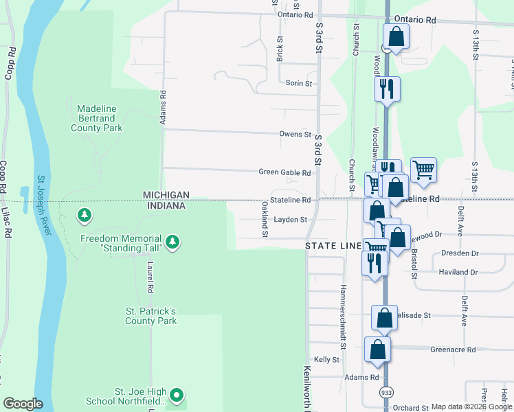 map of restaurants, bars, coffee shops, grocery stores, and more near 20161 Layden Street in South Bend