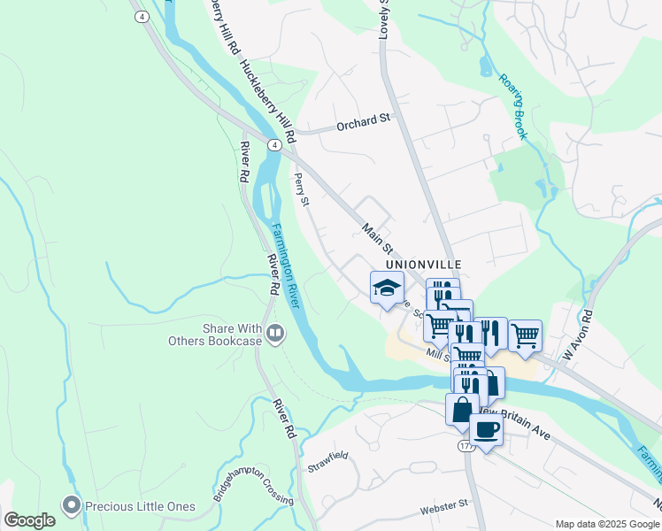 map of restaurants, bars, coffee shops, grocery stores, and more near 81 Perry Street in Farmington