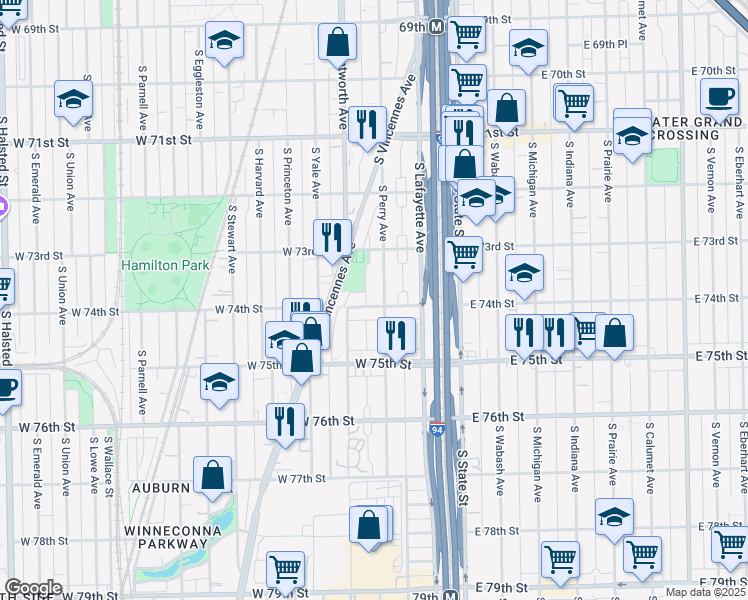 map of restaurants, bars, coffee shops, grocery stores, and more near 131 West 74th Street in Chicago