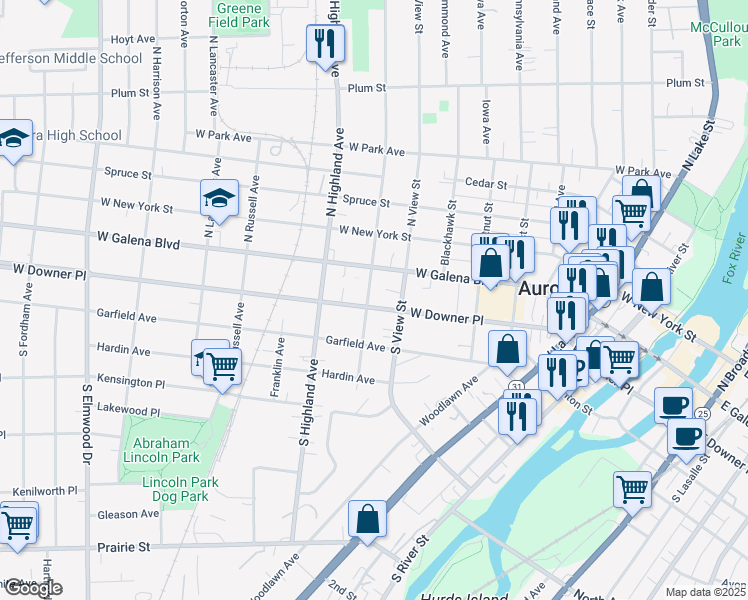 map of restaurants, bars, coffee shops, grocery stores, and more near 523 West Downer Place in Aurora