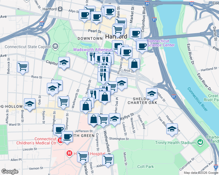 map of restaurants, bars, coffee shops, grocery stores, and more near 360 Main Street in Hartford
