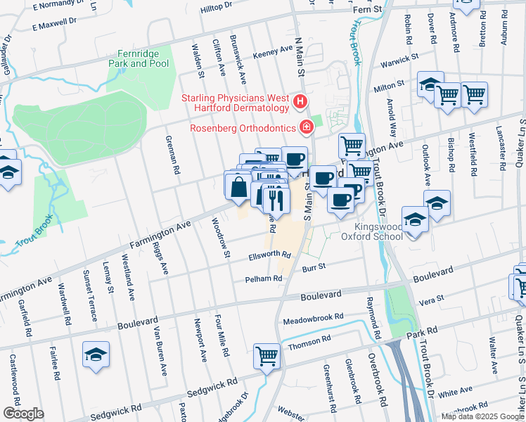 map of restaurants, bars, coffee shops, grocery stores, and more near 95 South Main Street in West Hartford
