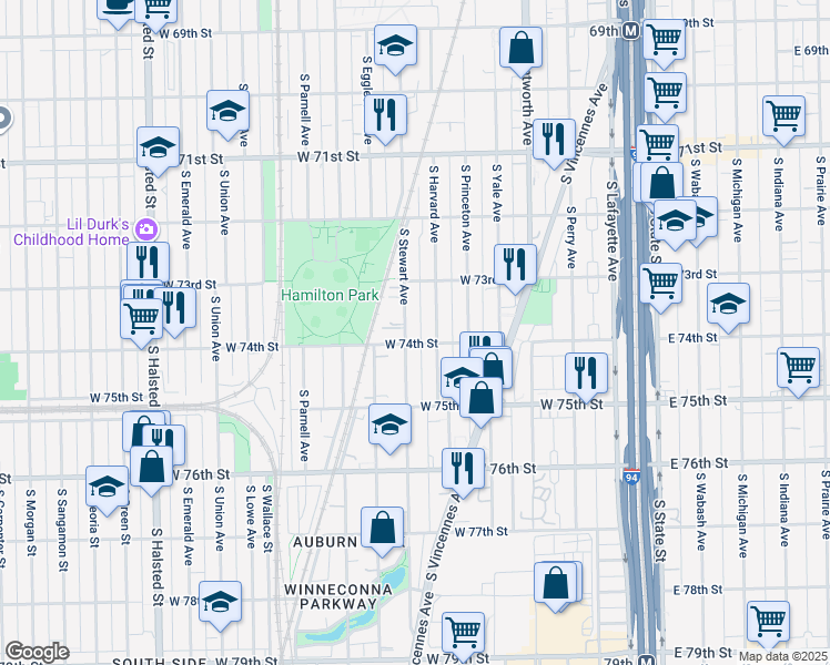 map of restaurants, bars, coffee shops, grocery stores, and more near 358 West 74th Street in Chicago