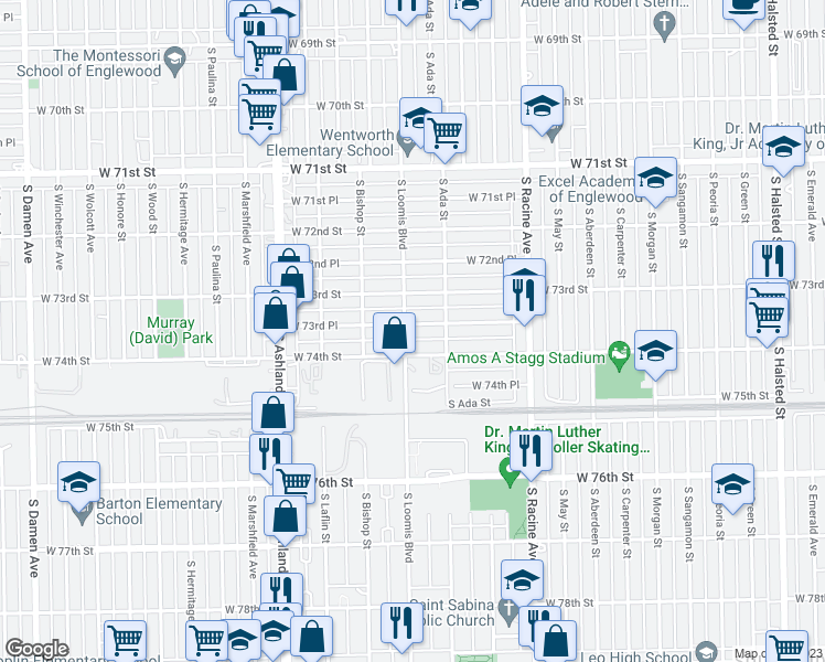 map of restaurants, bars, coffee shops, grocery stores, and more near 1335 West 73rd Place in Chicago