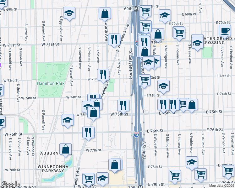 map of restaurants, bars, coffee shops, grocery stores, and more near 7354 South Perry Avenue in Chicago