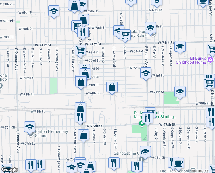map of restaurants, bars, coffee shops, grocery stores, and more near 1427 West 73rd Place in Chicago
