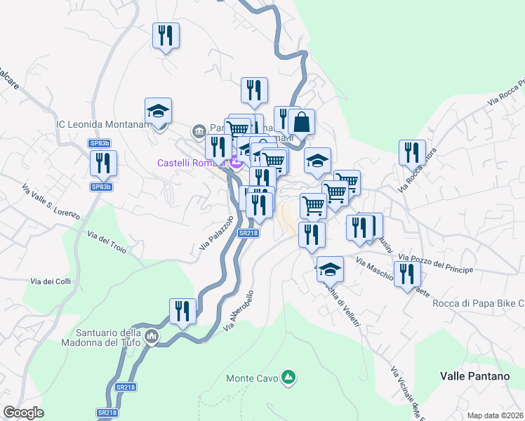 map of restaurants, bars, coffee shops, grocery stores, and more near 40 Via dell'Osservatorio in Rocca di Papa