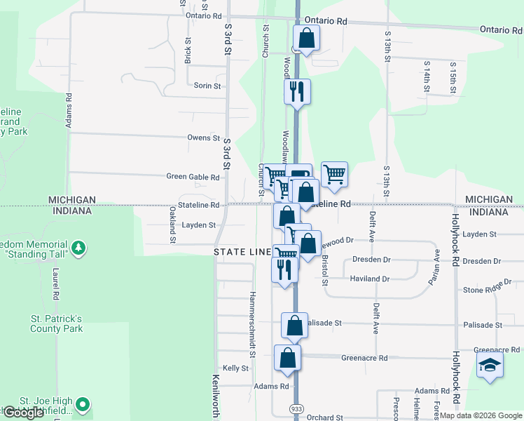 map of restaurants, bars, coffee shops, grocery stores, and more near V Lynnewood Avenue in South Bend