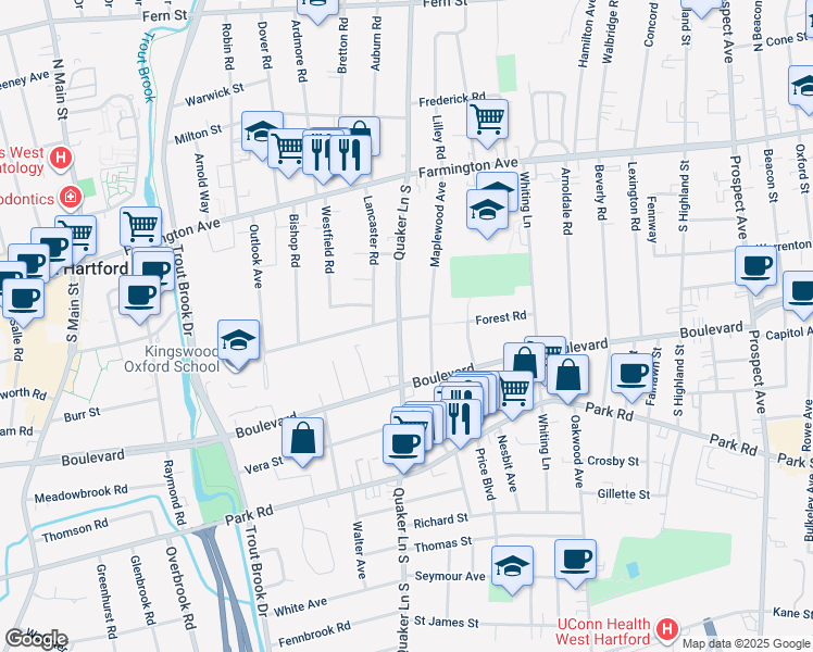map of restaurants, bars, coffee shops, grocery stores, and more near 9 Kingswood Road in West Hartford