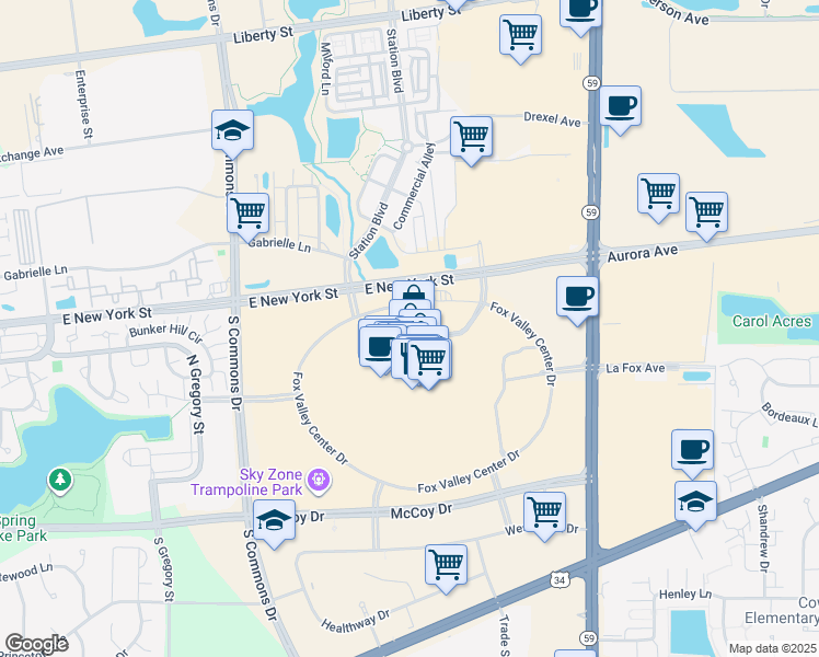 map of restaurants, bars, coffee shops, grocery stores, and more near 3 Fox Valley Center in Aurora