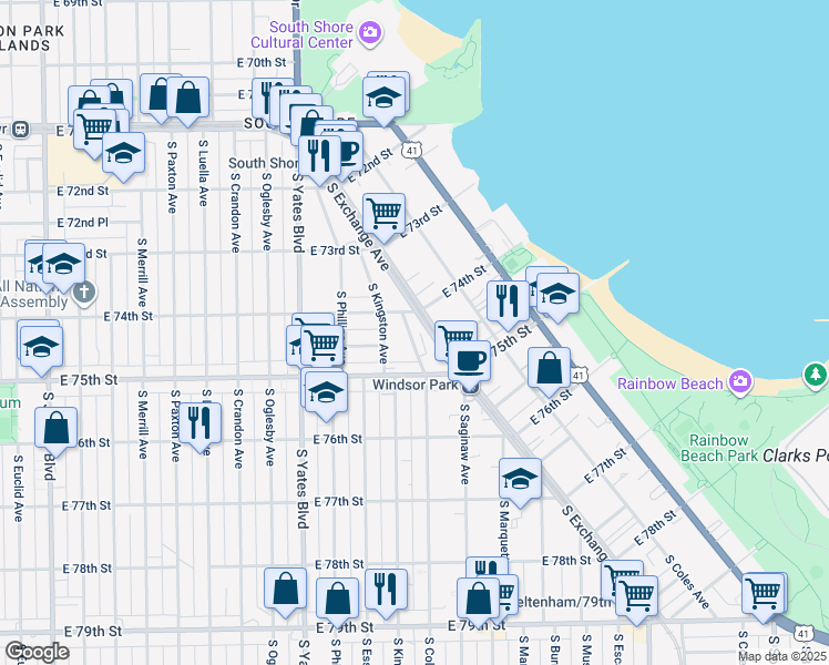 map of restaurants, bars, coffee shops, grocery stores, and more near 7415 South Colfax Avenue in Chicago