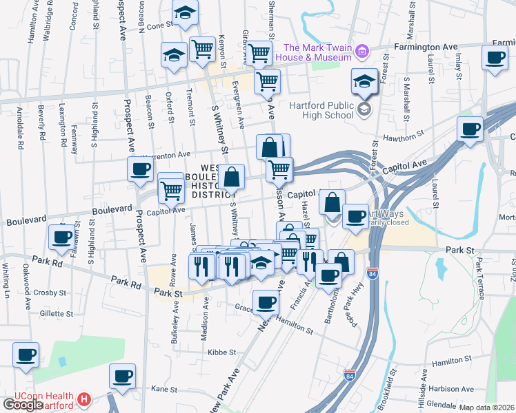 map of restaurants, bars, coffee shops, grocery stores, and more near 81 Newton Street in Hartford
