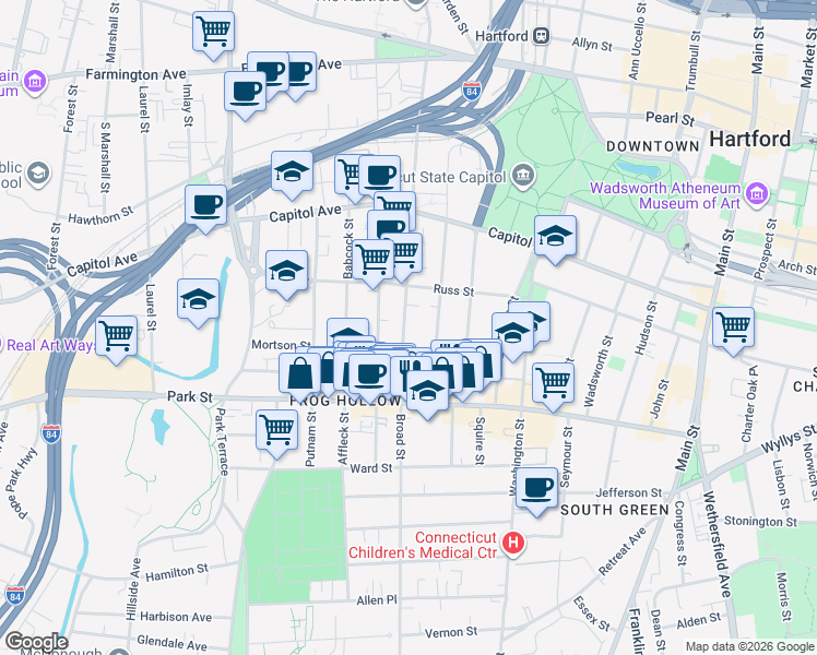 map of restaurants, bars, coffee shops, grocery stores, and more near 670 Broad Street in Hartford