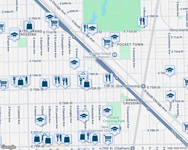map of restaurants, bars, coffee shops, grocery stores, and more near 7414 South Maryland Avenue in Chicago