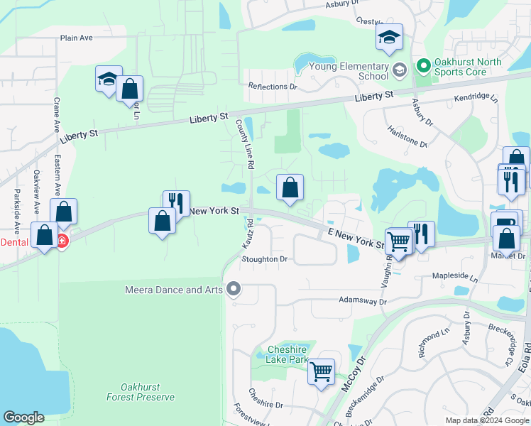 map of restaurants, bars, coffee shops, grocery stores, and more near East New York Street in Aurora