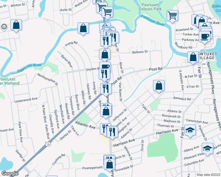 map of restaurants, bars, coffee shops, grocery stores, and more near in Warwick
