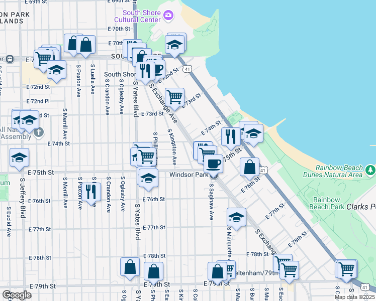 map of restaurants, bars, coffee shops, grocery stores, and more near 7415 South Colfax Avenue in Chicago